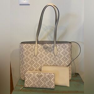 Kate Spade Large Tote Flower Canvas w/Matching Wallet & Wristlet (EUC)